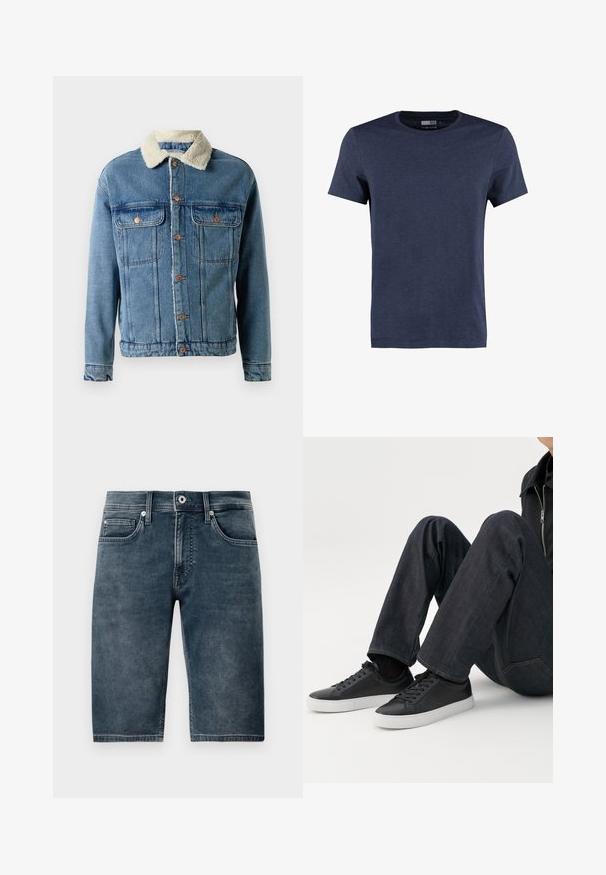 Blå denimjakke med hvid sherpa-krave, knaplukning foran, to brystlomme med klap og lange ærmer mod en ensfarvet baggrund.; Marineblå kortærmet t-shirt lavet af bomuld, med rund halsudskæring og en blød, meleret tekstur uden synlige mønstre eller accentuer.; Mørkeblå denimshorts, knæ-lange, med en glat tekstur, fem lommer og metalknaplukning. Lidt falmet finish for et afslappet look.; Person siddende med bøjede ben, iført mørkeblå jeans og sorte lave sneakers med hvide såler på en hvid baggrund.