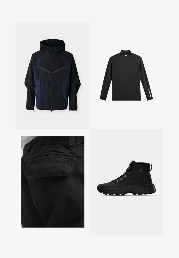 Veste zippée noire et marine avec capuche, en tissu léger, présentant des coutures diagonales et des poches zippées latérales.; Haut de sport noir à manches longues avec col montant, coupe ajustée, et logo blanc "J.Lindeberg" sur la manche gauche et le col.; Poche arrière d’un pantalon noir avec rabat et coutures visibles, porté par une personne en chemise blanche.; Baskets montantes noires en synthétique texturé, avec des œillets en métal, des lacets noirs et une semelle en caoutchouc avec des motifs de traction.