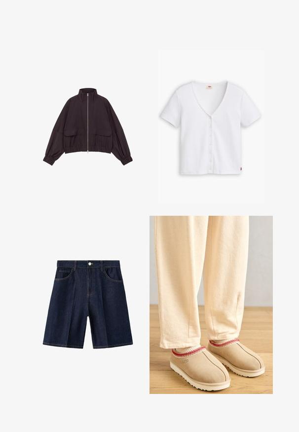 Veste noire raccourcie avec un col montant, une fermeture éclair à l'avant et des poignets élastiques. Comprend deux poches avant et un tissu lisse et texturé.; Haut blanc à rayures, à manches courtes et décolleté en V profond, avec une rangée de six boutons sur le devant et un petit logo rouge sur l'ourlet.; Short en denim bleu foncé avec poches avant, passants pour ceinture et fermeture par bouton, présenté sur fond blanc.; Pieds portant des chaussons beiges avec une bordure rouge et un pantalon crème debout sur un sol en bois.