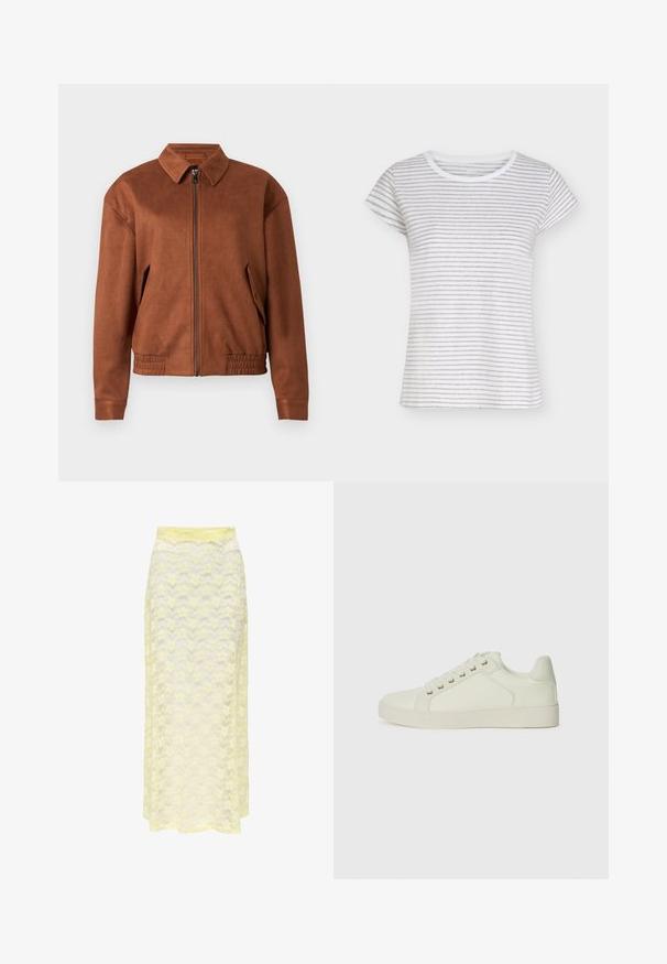 Chaqueta de ante marrón con cremallera, cuello, mangas largas, bajo elástico y bolsillos con solapa a cada lado, sobre un fondo blanco.; Camiseta blanca de manga corta con finas rayas horizontales grises y cuello redondo.; Falda maxi amarilla de encaje con un patrón ondulado, que cuenta con una cinturilla lisa y una textura suave y translúcida. Diseñada para una silueta ligera y fluida.; Zapatilla baja blanca con cordones en la parte delantera, punta redonda y suela de goma plana sobre un fondo claro y sencillo.