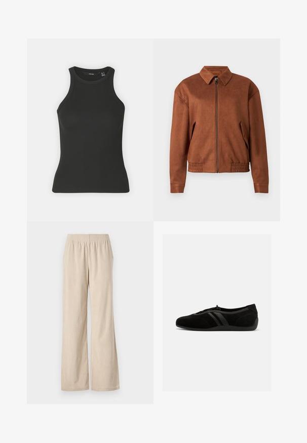 Veste zippée en daim marron avec un col, des manches longues, un ourlet élastique et des poches à rabat de chaque côté sur un fond blanc.; Débardeur noir à côtes avec un col haut et sans manches. Présente une silhouette ajustée et une texture douce.; Pantalons larges en velours côtelé beige avec une taille élastique et une texture à côtes verticales, présentant un ourlet qui s'évase doucement au bas.; Chaussure à enfiler en daim noir avec bout arrondi, fermeture à cordon élastique, deux bandes latérales en cuir et semelle en caoutchouc plate.