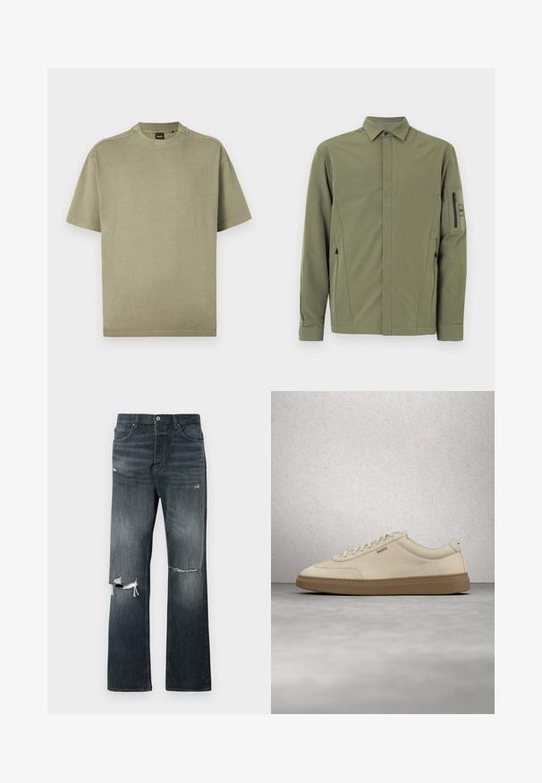 Chaqueta verde oliva con cuello abotonado, dos bolsillos laterales con cremallera y un bolsillo en el brazo con cremallera. Tela lisa y ligera con un corte moderno.; Camiseta de algodón suave de manga corta en verde oliva con cuello redondo y diseño sencillo, que presenta un logotipo sutil en el escote.; Jeans de mezclilla en un lavado oscuro con un corte relajado, que presentan dos desgarros en las rodillas, un cierre de botón estándar y un diseño de cinco bolsillos.; Zapatilla de ante beige claro con suela de goma color caramelo, cordones prominentes y detalles de costura sutiles. Diseño limpio con una estética minimalista.