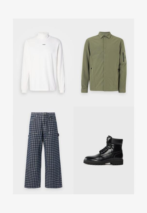 Chaqueta verde oliva con cuello abotonado, dos bolsillos laterales con cremallera y un bolsillo en el brazo con cremallera. Tela lisa y ligera con un corte moderno.; Camisa de cuello alto de manga larga blanca, hecha de una tela suave, con un sutil logo negro "HUGO" en la parte delantera y puños ajustados.; Pantalones de pierna ancha con patrón a cuadros en azul marino y gris, bolsillos frontales y laterales, y cierre de botón en la cintura.; Botín negro de cuero hasta el tobillo con acabado brillante, diseño con cordones, cuello acolchado y suela de goma resistente con agarres de tracción.