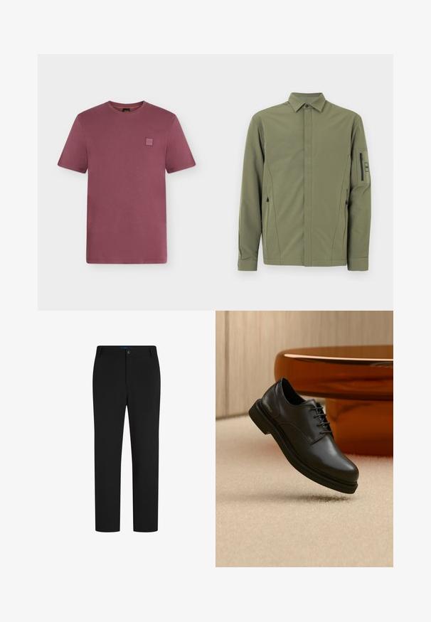 Veste vert olive avec un col boutonné, deux poches latérales zippées et une poche zippée sur la manche. Tissu lisse et léger avec une coupe moderne.; T-shirt manches courtes col rond en mauve atténué avec un petit patch logo carré sur la poitrine gauche.; Pantalons noirs à jambes droites avec fermeture à bouton et à zip, passants de ceinture, et sans poches visibles.; Chaussure en cuir noire à lacets flottant au-dessus d'un tapis beige avec un objet brun brillant et arrondi en arrière-plan.