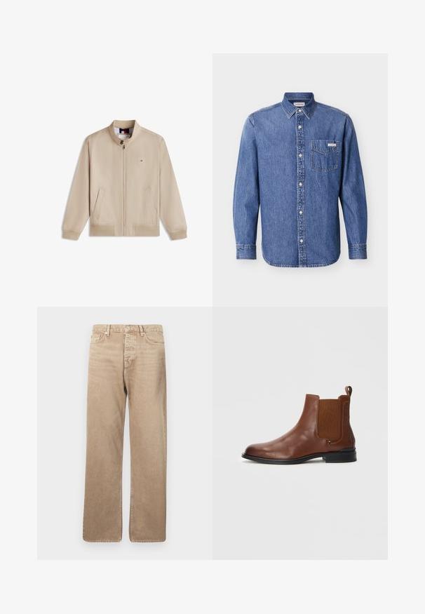 Beige jakke med lynlås og opretstående krave, to forlommer, lange ærmer og lille rektangulært logo på venstre bryst.; Denimskjorte i mellemblå med lange ærmer, knaplukning foran og en enkelt brystlomme med en logo-mærkat. Klassisk krave design.; Beige denimjeans med lige pasform, der har fem lommer, knaplukning og kontrasterende syninger. Glat tekstur og minimal slid.; Brun læder Chelsea støvle med elastiske sidepaneler, rund tå, trækstrop og en sort gummisål. Glat tekstur med minimal detaljering.