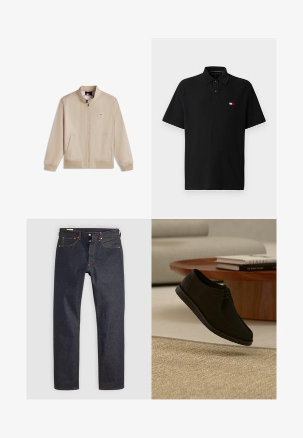 Beige jakke med lynlås og opretstående krave, to forlommer, lange ærmer og lille rektangulært logo på venstre bryst.; Sort polo-shirt lavet af bomuld, med en ensartet tekstur, en krave med to knapper og et lille, flerfarvet logo på venstre bryst.; Mørkeblå denimjeans med lige ben, prydet med orange syninger og klassisk fem-lomme design. Lukning med knap og lynlås.; Sort læder snøresko, der svæver over beige tekstureret tæppe, med rundt træbord og stabler af bøger i blød fokus baggrund.