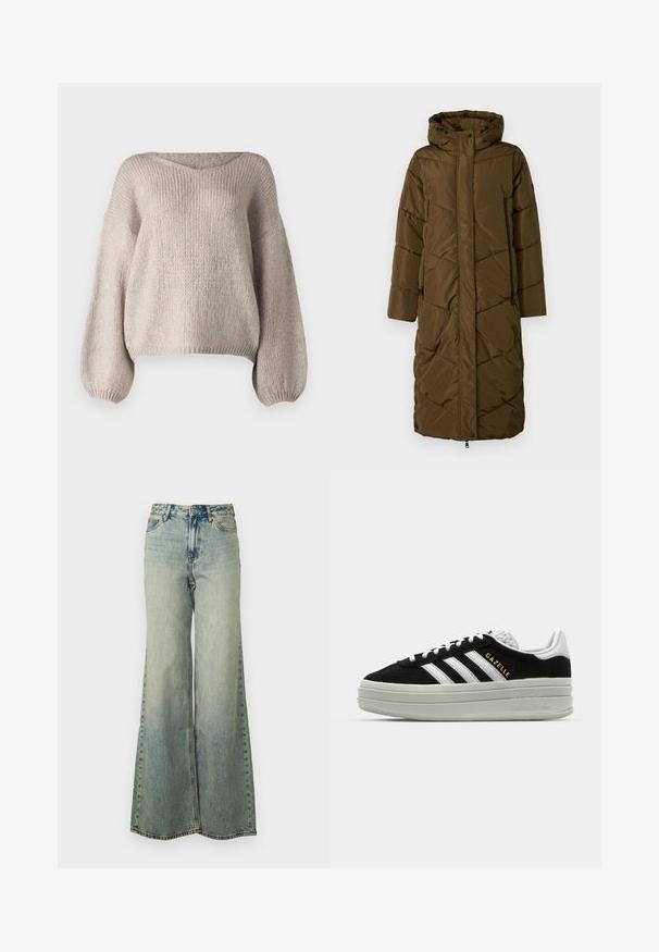 Lang, mørk oliven pufferjakke med hætte. Har skrå quiltet mønster, frontal lynlås lukning og to sidelommer med lynlåse.; Beige strikket sweater med bred V-udskæring, lange ballonærmer og en cropped kant. Teksturen er chunky og blød, med et enkelt design.; Lyseblå vide jeans lavet af denim, med høj talje, bleget vask og sidelommer med synlige stikninger.; Sort ruskind sneaker med hvide læderdetaljer, tre hvide striber, flade snørebånd og en tyk grå platformsål. Guldfarvet "Gazelle" branding.