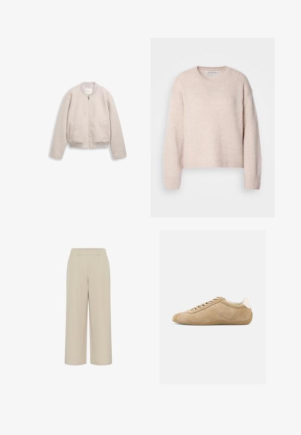 Veste beige clair zippée avec col, poignets et ourlet côtelés, dotée de deux poches devant et d'un tissu doux et texturé.; Pull léger rose en tissu doux et texturé. Il présente un col rond, des épaules tombantes et des poignets et un ourlet côtelés. Design cropped.; Pantalons larges beiges en tissu lisse, avec une taille plate, des poches latérales et une coupe décontractée avec un ourlet propre.; Baskets en daim beige avec une texture lisse, un bout arrondi, un design à lacets léger et un accent talon blanc contrastant. Semelle en caoutchouc flexible.