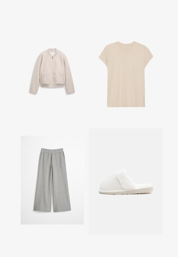Hellbeige Reißverschlussjacke mit geripptem Kragen, Bündchen und Saum, ausgestattet mit zwei Fronttaschen und einem weichen, strukturierten Stoff.; Beige T-Shirt mit kurzen Ärmeln aus weichem Stoff, mit Rundhalsausschnitt und lockerer Passform. Glatte Textur ohne sichtbare Muster oder Akzente.; Hellgraue weite Hosen mit elastischem Bund, aus weichem Strickstoff, dargestellt vor einem schlichten weißen Hintergrund.; Weißer Hausschuh mit einem weichen Kunstfellband, Filzoberteil, gepolsterter Sohle und einer strukturierten Gummisohle für rutschfesten Halt. Einfaches, rundes Design.