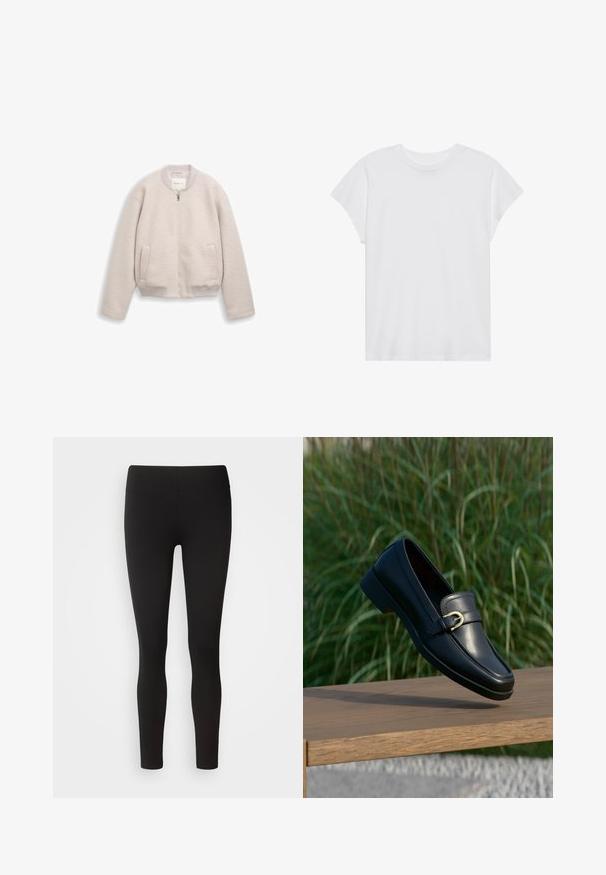 Lysebeige lynlåstrøje med ribkant ved krave, manchetter og bund, der har to forlommer og et blødt tekstureret stof.; Hvid kortærmet t-shirt med rund hals, afslappet pasform, lavet af blødt bomuldsstof. Glat tekstur, ingen mønstre eller logoer.; Sorte leggings lavet af strækbart stof med en sømløs talje, tætsiddende design og glat tekstur, velegnet til forskellige aktiviteter.; Sort læderloafer med guldbeklædt spænde, der svæver over en træbænk, grøn græsmark sløret i baggrunden.