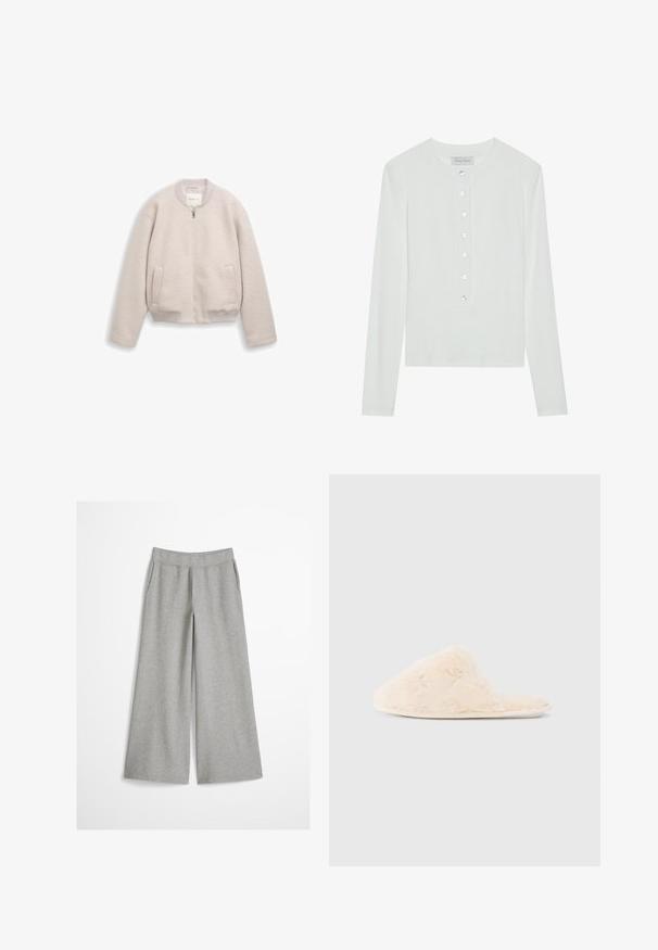 Veste beige clair zippée avec col, poignets et ourlet côtelés, dotée de deux poches devant et d'un tissu doux et texturé.; Haut à manches longues blanc en tissu côtelé, avec un col rond et un devant boutonné comportant six boutons transparents.; Pantalon gris clair à jambes larges avec ceinture élastique, en tissu tricoté doux, présenté sur un fond blanc uni.; Pantoufle floue de couleur crème avec une texture douce, design à bout ouvert et subtils accents brodés sur le dessus.