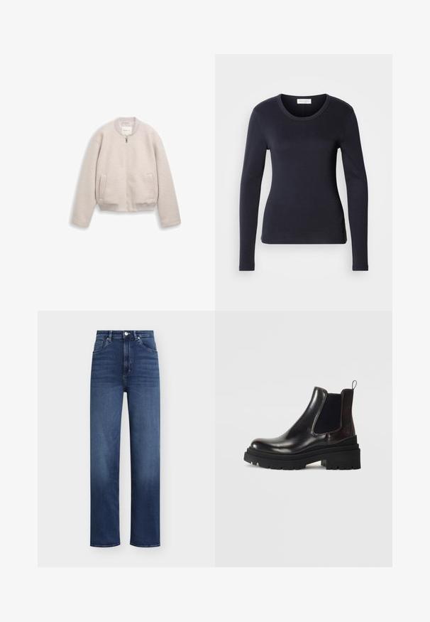 Hellbeige Reißverschlussjacke mit geripptem Kragen, Bündchen und Saum, ausgestattet mit zwei Fronttaschen und einem weichen, strukturierten Stoff.; Schwarzes langärmliges, tailliertes Oberteil aus glattem Stoff, mit Rundhalsausschnitt und schlichter Gestaltung, versehen mit einem kleinen Etikett an der unteren Seite.; Dunkelblaue Jeans aus Denim mit hoher Taille, geradem Bein und klassischem Fünf-Taschen-Design. Verfügt über einen Knopf- und Reißverschluss.; Tamaris Stiefelette - merlot