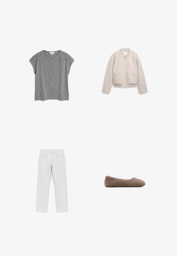 Lichtbeige jas met ritssluiting, een geribde kraag, manchetten en zoom, voorzien van twee zakken aan de voorkant en een zachte, gestructureerde stof.; Zwart-wit gestreepte t-shirt met korte mouwen en een ronde hals, van lichtgewicht stof en met een rechte snit, met raglan mouwen.; Witte rechtlijnige spijkerbroek met knoop en rits aan de voorkant, vijf zakken en riemlussen, plat neergelegd op een witte achtergrond.; Bruine, met fleece gevoerde ballerina met een ronde neus. Zachte textuur en naadloos ontwerp, met een low-profile silhouet. Geen zichtbare hardware.