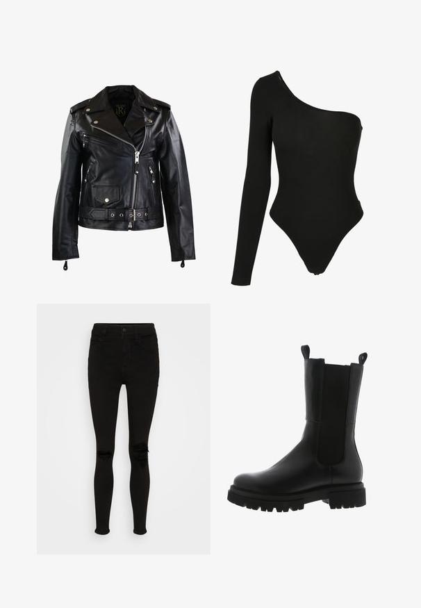 Ricano Veste en cuir - schwarz; Bodysuit noir à épaule unique en tissu extensible, doté d'une manche longue d'un côté, d'ouvertures de jambe à taille haute et d'une silhouette ajustée.; American Eagle SUPER HIGH RISE - Jegging - black wash; Bottines en cuir noir avec un design épuré, panneaux latéraux élastiques, tirants et une semelle en caoutchouc épaisse avec un motif dentelé.