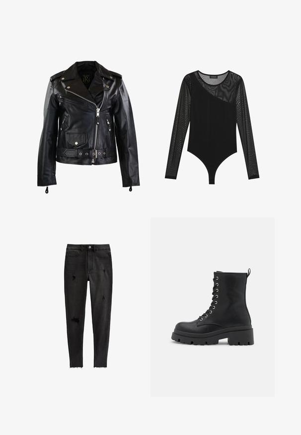 Ricano Leren jas - schwarz; Zwarte bodysuit met lange doorschijnende mesh mouwen, een aansluitend ontwerp, een asymmetrische halslijn en een gladde, ondoorzichtige onderkant.; Zwarte skinny jeans van denim, met gescheurde accenten, een hoge taille, vijf zakken en een onafgewerkte zoom bij de enkels.; Zwarte veterankers met een chunky zool, een gladde textuur, zilverkleurige details en een treklus aan de achterkant voor gemakkelijk aan- en uittrekken.