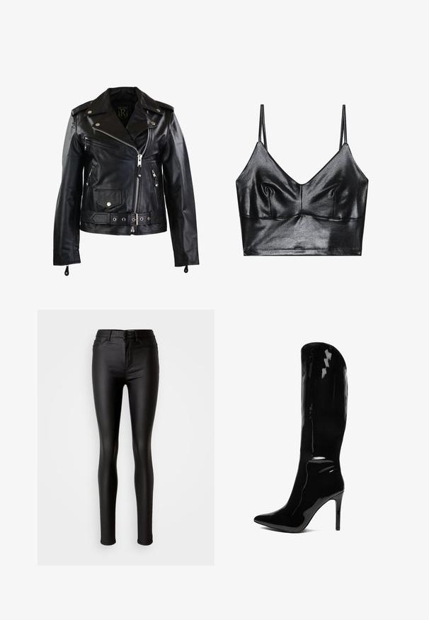 Ricano Lederjacke - schwarz; Schwarzer, glänzender Bralette mit dünnen verstellbaren Trägern, V-Ausschnitt, glatter Textur und dezentem Gather an der Brust für eine schöne Form.; Schwarze, enganliegende Skinny Jeans aus Kunstleder mit glatter Textur, hoher Taille, Knopfverschluss und traditionellem Fünf-Taschen-Design.; Knöchelhöhe, patentiertes schwarzes Stiletto-Boot mit spitzem Zehenbereich. Die glatte Textur und das hohe Design schaffen eine schlanke, figurbetonte Silhouette.