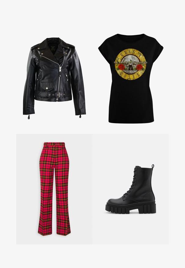 Ricano Lederjacke - schwarz; Schwarzes Baumwoll-T-Shirt mit einem grafischen Druck, der ein rundes, abgeranztes, gelbes Emblem, rote Rosen und den Text "GUNS N' ROSES" zeigt.; Monki Stoffhose - red; Schwarze Lederknöchelstiefel mit klobiger, gerippter Sohle, Schnürung vorne und Zuglasche auf glattem weißen Hintergrund.