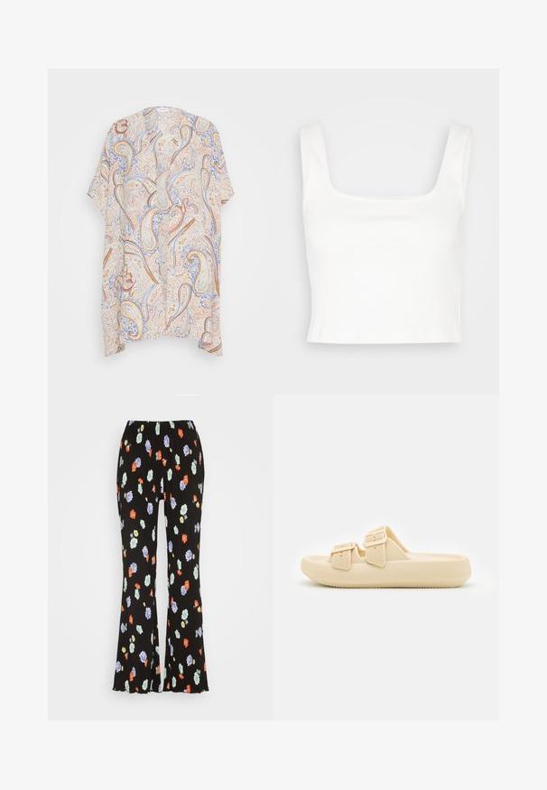 Kortærmet kimono med paisley mønster i beige, blå og rust. Letvægtsstof, åben front og afslappet pasform.; Pieces PCNUKISA CROPPED TANK - Top - cloud dancer; Envii METTE PANTS - Bukser - rosegarden; Beige slip-on sandal med tekstureret overdel, justerbare spænder og en tyk, polstret sål. Letvægtsdesign velegnet til afslappet brug.