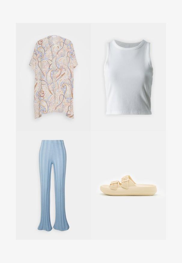 Kimono de manga corta con un patrón de paisley en beige, azul y óxido. Tejido ligero, abertura frontal y corte relajado.; Top de tirantes blanco con textura acanalada, cuello redondo y diseño sin mangas, con un dobladillo recto y una textura suave y elástica.; Even&Odd Pantalones - blue; Sandalia beige tipo slip-on con parte superior texturizada, correas ajustables con hebilla y una suela gruesa y acolchada. Diseño liviano adecuado para uso casual.