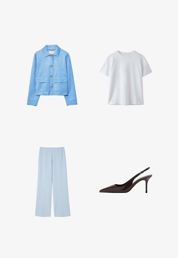 Veste en daim bleu clair avec col, quatre boutons sur le devant, deux grandes poches à rabat à l'avant et manches longues.; T-shirt blanc uni à manches courtes et col rond, en tissu doux, présenté sur fond blanc.; Pantalons wide-leg bleu clair en tissu lisse ; dotés d'un devant plat avec des plis pour la structure et sans fermetures visibles.; Talons slingbacks en cuir verni marron avec un bout pointu, un talon fin et une bride réglable. Texture lisse et finition brillante.