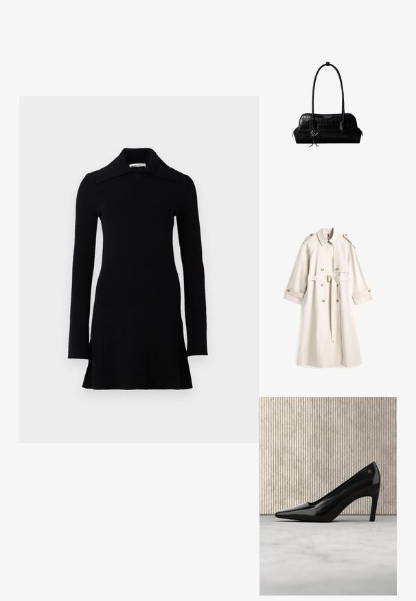 Lang beige trenchcoat med dobbeltradede knapper, skulderstropper, bælte i taljen med spænde og knapmanchetter.; Sort langærmet mini kjole med bred krave, tætsiddende talje og let udvidet kant, præsenteret på en hvid baggrund.; Sort højhælet sko med spids snude og gulddetalje med logo, placeret opret på en reflekterende overflade ved siden af en metal arkivorganisator.; Sort skuldertaske i krokodillelæder med lange stropper og lille sølvlogo-charm på den ene strop.