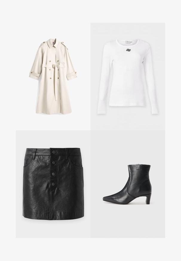 Long trench-coat beige avec boutons croisés, épaulettes, ceinture à la taille avec boucle et poignets boutonnés.; Chemise blanche à manches longues côtelée avec col rond et petit logo noir brodé centré sous le col.; Jupe en cuir noir avec une taille haute, fermeture à bouton sur le devant, deux poches latérales et une forme légèrement évasée. Fini texturé.; Bottine en cuir noir avec un bout pointu, un petit talon de hauteur intermédiaire et un logo de marque en relief près du bord supérieur sur le côté extérieur.