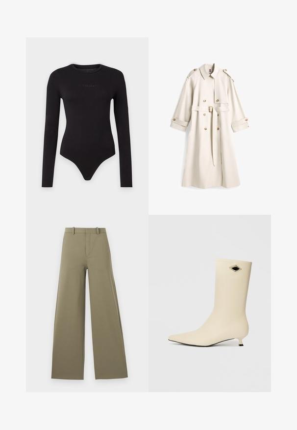 Lang beige trenchcoat med dobbeltradede knapper, skulderstropper, bælte i taljen med spænde og knapmanchetter.; Sort langærmet bodysuit lavet af blødt stof, med rund hals og en struktureret "Guess Jeans" logo på forsiden.; Lys olivenfarvede brede bukser med en glat tekstur, der har en frontlynt, bæltestropper og to sidelommer.; Cremefarvet ankelstøvle lavet af glat materiale, med spidse tå, kitten heel og en diamantformet sort accent.