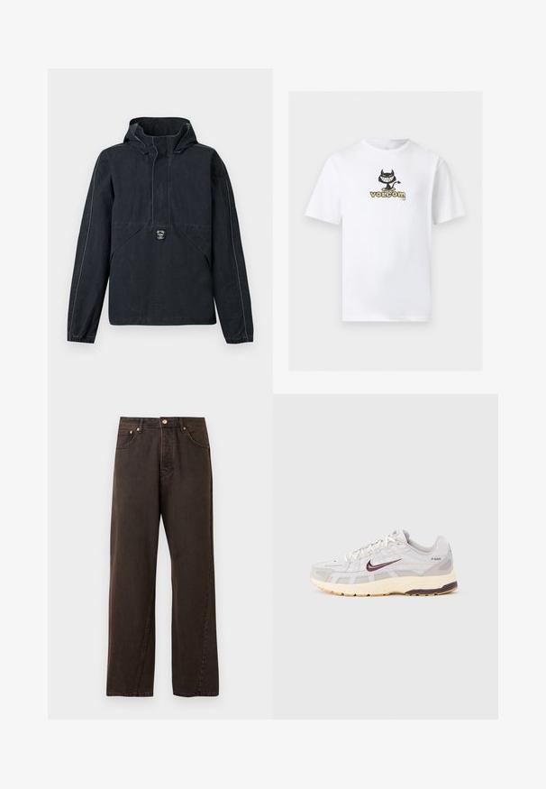 Veste noire à capuche avec manches longues, poignets élastiques, poche à rabat à l'avant et petit logo brodé au centre devant.; T-shirt blanc à manches courtes avec un graphisme centré représentant un diable dessin-animé noir sur un skateboard au-dessus du texte "volcom" en beige et noir.; Jeans en denim marron foncé avec une coupe droite, comportant cinq poches, un bouton en cuivre et des détails de couture subtils.; Chaussure de course pour homme en gris clair et crème avec une tige en mesh respirant, un logo Nike swoosh rouge foncé, un col rembourré et une semelle texturée.