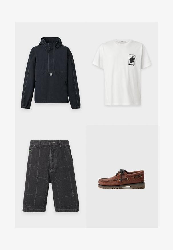 Veste noire à capuche avec manches longues, poignets élastiques, poche à rabat à l'avant et petit logo brodé au centre devant.; T-shirt blanc à manches courtes avec un graphique noir et le texte "Live Tonight... replay" sur la poitrine gauche.; Short en jean noir avec motif à carreaux délavé, poches avant, fermeture par boutons et passants de ceinture.; Bateau en cuir marron avec une tige texturée, fermeture lacée noire et œillets dorés. Dispose d'une semelle en caoutchouc durcie et striée.