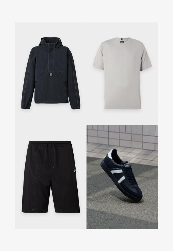 Schwarze Kapuzenjacke mit langen Ärmeln, elastischen Bündchen, einer vorderen Klapptasche und einem kleinen gestickten Logo mittig vorne.; Graues kurzärmliges T-Shirt aus weichem Baumwollstoff, mit einem dezenten Logo auf der Vorderseite. Klassisches Rundhalsausschnitt-Design und gerader Saum.; Schwarze Mesh-Sportshorts mit einem elastischen Bund und Kordelzug, ausgestattet mit einer perforierten Textur und einem kleinen weißen Logo auf der unteren rechten Seite.; Schwarze Leder-Sneaker mit weißen Streifen, strukturiertem Gummisohle und Schnürung. Verfügt über ein Markenetikett auf der Zunge.