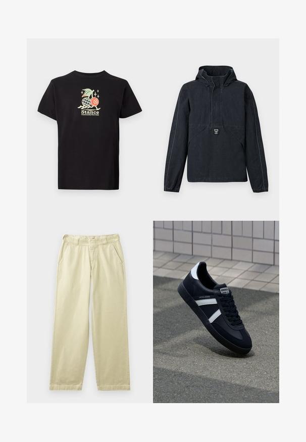 Schwarze Kapuzenjacke mit langen Ärmeln, elastischen Bündchen, einer vorderen Klapptasche und einem kleinen gestickten Logo mittig vorne.; Schwarzes Baumwoll-T-Shirt mit einem bunten Grafikdruck, der eine Ananas und Kirschen zeigt. Der Text lautet "Stance Community Run Club." Mit kurzen Ärmeln.; Beige Baumwollhosen mit lockerem Schnitt, ausgestattet mit Seitentaschen, Gürtelschlaufen und geraden Beinen. Glatte Textur mit minimalen Nahtdetails.; Schwarze Leder-Sneaker mit weißen Streifen, strukturiertem Gummisohle und Schnürung. Verfügt über ein Markenetikett auf der Zunge.