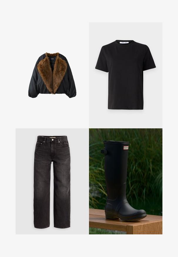 Schwarze Jacke mit großem braunem Kunstpelzkragen und Futter, langen gepufften Ärmeln und Fronttaschen.; Schwarzes T-Shirt mit kurzen Ärmeln aus weicher Baumwolle, mit rundem Ausschnitt, lockerer Passform und glatter Textur. Keine sichtbaren Muster oder Grafiken.; Levi's® BAGGY DAD - Baggy Jeans - shrink up; Schwarzer Gummistiefel bis zum Knie mit runder Zehe, leichtem Absatz und einer Schnallenriemen. Auf der Vorderseite befindet sich das "HUNTER"-Logo.
