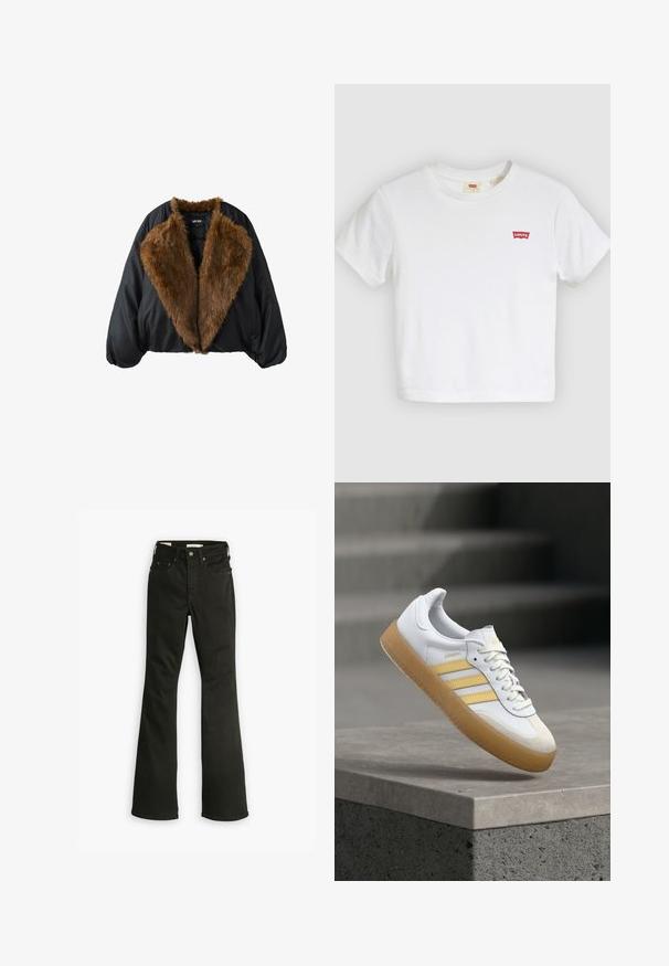 Schwarze Jacke mit großem braunem Kunstpelzkragen und Futter, langen gepufften Ärmeln und Fronttaschen.; Weißes T-Shirt mit kurzen Ärmeln und Rundhalsausschnitt mit kleinem rotem Levi's-Logo auf der linken Brust.; Schwarze Schlagjeans aus Denim. Verfügt über ein klassisches Fünf-Taschen-Design mit Reißverschluss, robuster Naht und sauberem Saum.; Weißer Ledersneaker mit gelben Akzenten, drei Streifen und einer Gummisohle in Karamellfarbe. Verfügt über eine abgerundete Spitze und eine strukturierte Zunge.