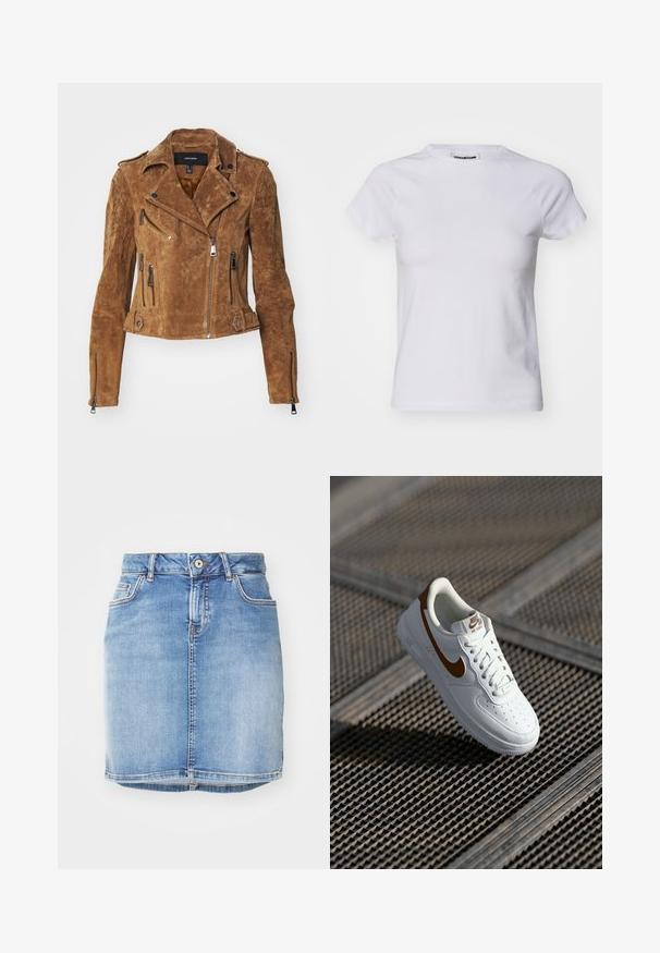 Brun suede bikerjakke med en kortet design, asymmetrisk lynlåslukning og flere lynlåslommer. Har sølvhardware og en krave.; Noisy May NMKATINKA - T-shirts basic - bright white; Lyseblå denimnederdel med et tætsiddende design, fem lommer og synlige sømme. Har en frontknaplukning og detaljer med frynser i kanten.; Hvid læder sneaker med perforeringer, brun Nike swoosh og snørebånd. Har en tekstureret sål og polstret krave.