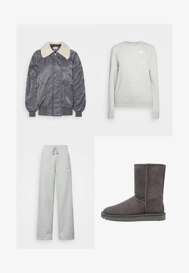 Weekday GAIUS - Bombera - off black; Šedá mikina vyrobená z bavlneného zmesi, s okrúhlym výstrihom, rebrovanými manžetami a malým bielym logom Nike na ľavej hrudi. Jednoduchý dizajn.; Šedé tepláky s elastickým pásom, detailom na šnúrku a malým bielym logom Nike na ľavom stehne. Mäkká tkanina, voľný strih.; Šedá semišová členková obuv s zaoblenou špičkou, s vertikálnym detalom švu a plochou gumovou podrážkou. Má jednoduchý, neprefabrikovaný dizajn.