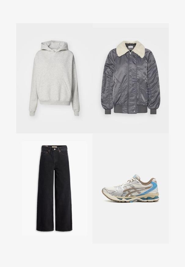 Weekday GAIUS - Bomber-jakk - off black; Hallide sinine kapuutsiga, millel on eesmine tasku, nööriga kapuuts ja soonilised varrukad. Valmistatud pehmest, struktureeritud kangast ning sellel on ruumikas lõige.; Mustad laiad teksad, mis on valmistatud denimist, viie tasku, vase nuppe ja klassikalise nööbiga kinnitusega. Sile tekstuur ja puhas disain.; Valge ja beež jooksujalanõu siniste aktsentidega, võrkkattega pealmise osaga, pehmendusega tallaga ja paeltega disainiga, nähtav välisküljelt.