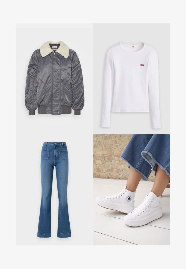 Weekday GAIUS - Bombera - off black; Biele tričko Levi's s dlhým rukávom, okrúhlym výstrihom a malým červeným logom Levi's na ľavej strane hrude, zobrazené na jednotnom pozadí.; Modré rozšírené džínsy vyrobené z denimu s stredným pásom, obsahujúce dve zadné vrecká a čistý lem. Hladká textúra a klasický dizajn.; Osoba nosiace biele vysoké tenisky Converse s hrubými podrážkami a skrátené modré rifle s ošúchaným lemom na pozadí tehlovej steny a bielej podlahy.