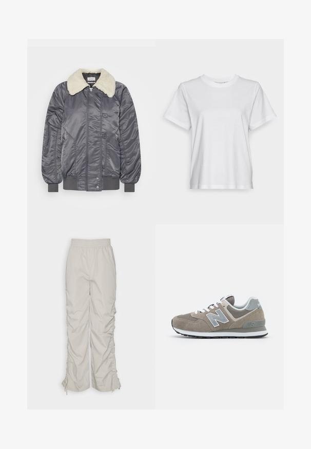 Weekday GAIUS - Bomberjakke - off black; Hvid bomulds T-shirt med korte ærmer, rund hals og en afslappet pasform. Glat tekstur, uden mønstre eller grafik, enkel design.; Even&Odd Bukser - light grey; Brune ruskind sko med grå meshenheder, hvide snørebånd og et gråt 'N'-logo. Gummisåler med et let mønster for bedre greb.