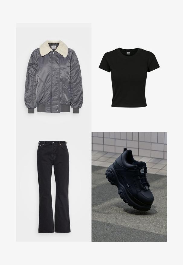 Weekday GAIUS - Bombera - off black; Čierne tričko s krátkym rukávom vyrobené z hladkého bavlneného materiálu, s okrúhlym výstrihom a priliehavým strihom. Bez viditeľných vzorov alebo akcentov.; Weekday PIN - Džínsy s rovným strihom - black; Čierne robustné tenisky s hladkým koženým povrchom, viazaním vpredu, pohodlnou podrážkou a embosovaným logom na boku. Viditeľná textúrovaná podrážka.