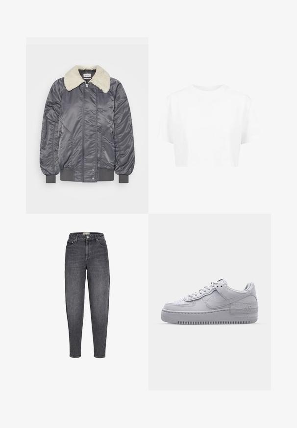 Weekday GAIUS - Chaquetas bomber - off black; Camiseta blanca corta, de mangas cortas, con cuello redondo, hecha de una tela suave, sin patrones visibles ni herrajes distintivos.; Vaqueros de corte ajustado, de talle alto, lavados en negro, con bolsillos delanteros, trabillas para cinturón y cierre de botón.; Zapatilla Nike Air Force 1 gris con puntera perforada, parte superior de cuero suave, suela gruesa y detalle en relieve 'AIR' en el talón.