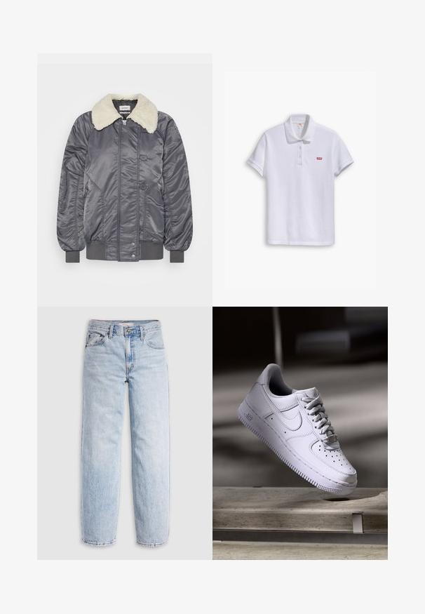 Weekday GAIUS - Μπουφάν τύπου bomber - off black; Λευκό polo μπλουζάκι κατασκευασμένο από βαμβάκι, με κλασικό γιακά, τρεις κουμπότρυπες και ένα μικρό κόκκινο λογότυπο της Levi's στο αριστερό στήθος.; Ανοιχτό μπλε τζιν με ψηλή μέση, άνετη εφαρμογή, ίσια πόδια και κλασικό σχεδιασμό με πέντε τσέπες. Ορατές ξεθωριάσεις και λεπτομέρειες ραφής.; Λευκό αθλητικό παπούτσι Nike Air Force 1 να αιωρείται πάνω από μια επιφάνεια από σκυρόδεμα με σκιές σε ένα μινιμαλιστικό περιβάλλον.