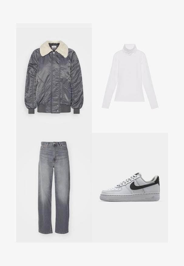 Weekday GAIUS - Bomberjakke - off black; Hvid langærmet turtle-neck top lavet af glat, strækbart stof. Har en høj krave og tætsiddende design, uden synlige mønstre eller udsmykninger.; Weekday RAIL MID LOOSE STRAIGHT - Jeans Straight Leg - misty grey; Hvide lædersko med grå accenter, rund tå, tekstureret overflade, polstret krave og kontrasterende sort swoosh-logo. Luftdæmpende sål.