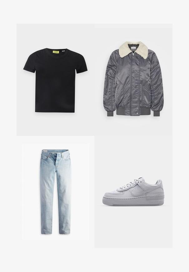 Weekday GAIUS - Bomberjakke - off black; Sort kortærmet T-shirt med rund hals og en gul label inde i kraven mærket "JJXX" på en hvid baggrund.; Lyseblå denimjeans med lige ben, fem lommer og metal-knapper i en standard livvidde.; Grå Nike Air Force 1 sneakers med perforeret tå, glat læderoverdel, tyk sål og præget 'AIR' detalje på hælen.