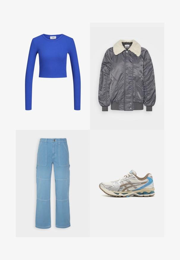 Weekday GAIUS - Μπουφάν τύπου bomber - off black; Μπλε ριγέ μακρυμάνικο cropped τοπ με στρογγυλή λαιμόκοψη. Λείο υφασμα και εφαρμοστό σχέδιο, με διακριτό μοτίβο σε όλη την επιφάνεια. Ορατή ετικέτα μάρκας.; BDG Urban Outfitters UTILITY SKATE - Παντελόνι - blue; Άσπρο και μπεζ αθλητικό παπούτσι με μπλε λεπτομέρειες, άνω μέρος από δίχτυ, μαλακή σόλα και σχεδιασμό με κορδόνια, εμφανιζόμενο από την εξωτερική πλευρά.