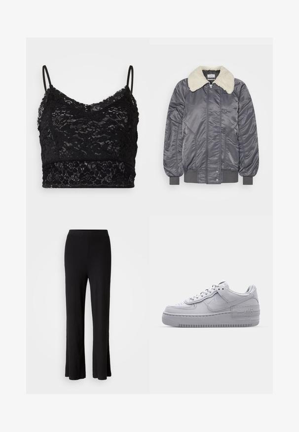 Weekday GAIUS - Bomber tipa jaka - off black; Melna mežģīņu bralete ar regulējamiem spaghetti stīpiņām, ziedu mežģīņu rakstu un cietu melnu joslu apakšā.; Melnas ribotas bikses ar platu kāju, gludu elastīgu jostasvietu un saplacinātiem apakšmalēm. Auduma tekstūra ir mīksta un elastīga, nodrošinot komfortu.; Pelēkie Nike Air Force 1 sneakers ar perforētu purngalu, gluda ādas virsma, bieza zole un iegravēts 'AIR' detalizējums uz papēža.