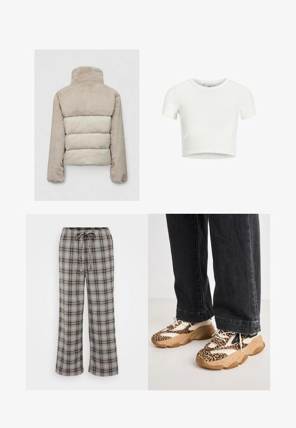 Polstret jakke i beige og creme, med en blød øverste del med høj krave og en quiltet nederste sektion. Blød tekstur med lange ærmer.; Hvid, cropped t-shirt lavet af ribbet stof. Har en rund halsudskæring og korte ærmer. Glat tekstur med en tætsiddende form.; Gråternet vide ben bukser lavet af blødt stof med elastisk talje og snøre. Har sorte og brune ternmønstre overalt.; Sneakers med leopardprint og mesh- og læderpaneler, tan-gummisål og kontrasterende sorte accenter. Båret med løstsiddende mørke jeans.