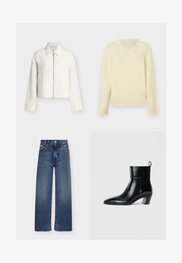 Ζακέτα off-white με υφή και φερμουάρ, μακριά μανίκια, γιακάς και ίσια τελική γραμμή, απεικονίζεται σε απλό φωτεινό φόντο.; Κίτρινο πουλόβερ με V-λαιμόκοψη και δομημένο γιακά, κατασκευασμένο από μαλακό υλικό, με μακριά μανίκια και ριμπ λεπτομέρειες στο τελείωμα.; Τζιν με ίσια μπατζάκια σε μπλε ύφασμα denim με εμπρόσθιο κούμπωμα κουμπιού και φερμουάρ, θηλιές για ζώνη και σχεδίαση με πέντε τσέπες.; Μαύρη δερμάτινη μπότα με καμπυλωτή μύτη, γεωμετρικό σωρό μέτρου και θηλίτσα στο πίσω μέρος. Λείο υλικό και κομψός σχεδιασμός.