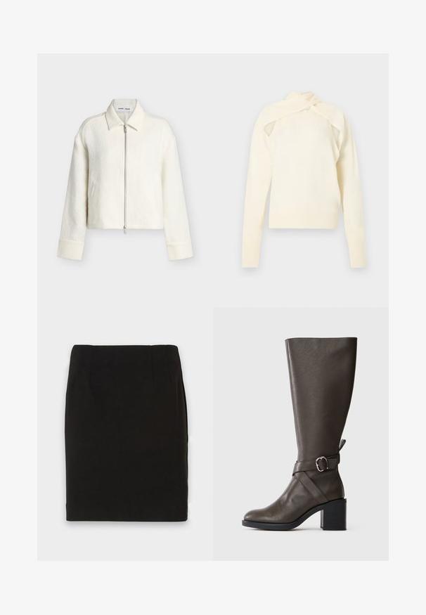 Ζακέτα off-white με υφή και φερμουάρ, μακριά μανίκια, γιακάς και ίσια τελική γραμμή, απεικονίζεται σε απλό φωτεινό φόντο.; Μακρυμάνικο πλεκτό τοπ σε κρεμ απόχρωση με κομμένο σχέδιο στους ώμους και λεπτομέρεια γιακά που τυλίγεται γύρω, παρουσιάζεται σε ουδέτερο φόντο.; Μαύρη μίνι φούστα μολυβιού μέχρι το γόνατο με ίσιο στρίφωμα και διακριτές ραφές στη μέση σε λευκό φόντο.; Σκούρο καφέ δερμάτινη μπότες μέχρι το γόνατο με μέτριο τακούνι μπλοκ και διακοσμητικό λουράκι με ασημένια αγκράφα γύρω από τον αστράγαλο.