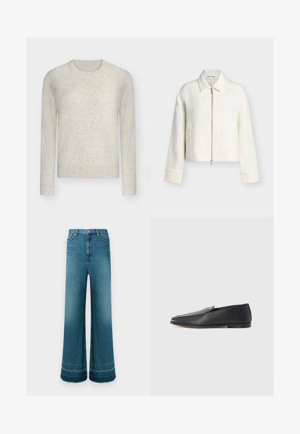 Ζακέτα off-white με υφή και φερμουάρ, μακριά μανίκια, γιακάς και ίσια τελική γραμμή, απεικονίζεται σε απλό φωτεινό φόντο.; Ανοιχτό μπεζ μακρυμάνικη μπλούζα με στρογγυλή λαιμόκοψη και ριμπ μανσέτες, τελείωμα και λαιμό, σε ουδέτερο γκρι φόντο.; Μπλε τζιν ψηλόμεσο με φαρδιά πόδια, πέντε τσέπες, κούμπωμα με κουμπί και διακριτική ξεθώριαση κοντά στα τελειώματα.; Μαύρα δερμάτινα μοκασίνια με απαλή υφή, στρογγυλεμένη μύτη και λεπτομέρειες διακριτικής ραφής. Διαθέτει χρυσό λογότυπο στη πάνω πλευρά.