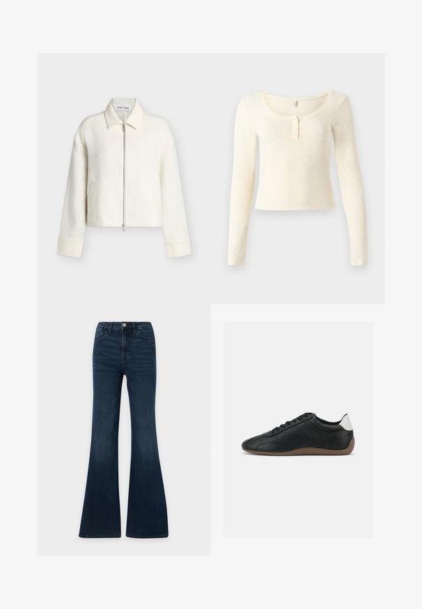 Ζακέτα off-white με υφή και φερμουάρ, μακριά μανίκια, γιακάς και ίσια τελική γραμμή, απεικονίζεται σε απλό φωτεινό φόντο.; Μπλούζα μακρυμάνικη, πλεκτή με ριπ ύφανση σε ανοιχτό εκρού χρώμα· διαθέτει λαιμόκοψη scoop και πατιλέτα με τρία κουμπιά. Μαλακή υφή και εφαρμοστή σχεδίαση.; Σκούρες μπλε τζιν με ψηλή μέση και καμπάνα στο παντελόνι, κλείσιμο με κουμπί και φερμουάρ μπροστά, καθώς και τσέπες μπροστά και πίσω.; Μαύρο δερμάτινο αθλητικό παπούτσι χαμηλού τύπου με καφέ σόλα, μαύρα κορδόνια και λευκή επιφάνεια στη φτέρνα, παρουσιάζεται σε απλό ανοιχτό γκρι φόντο.